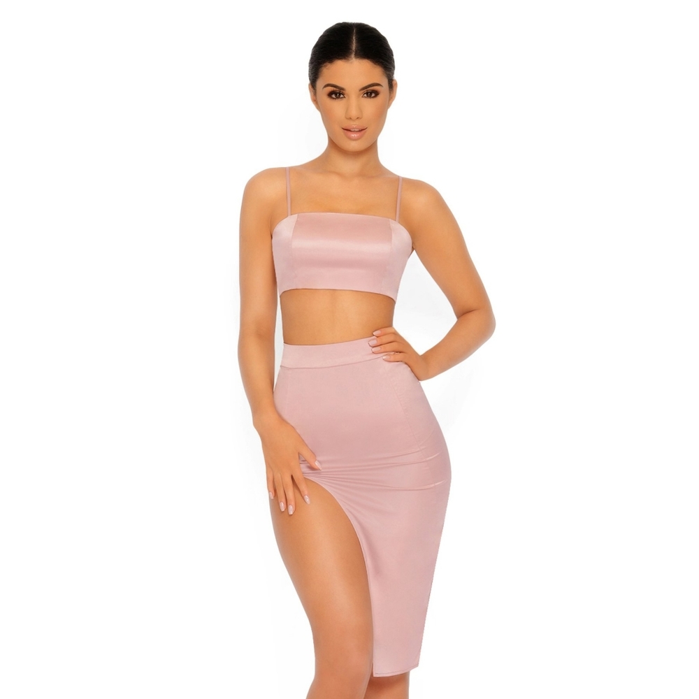 Oh Polly Matching Satin Skirt Set in Blush